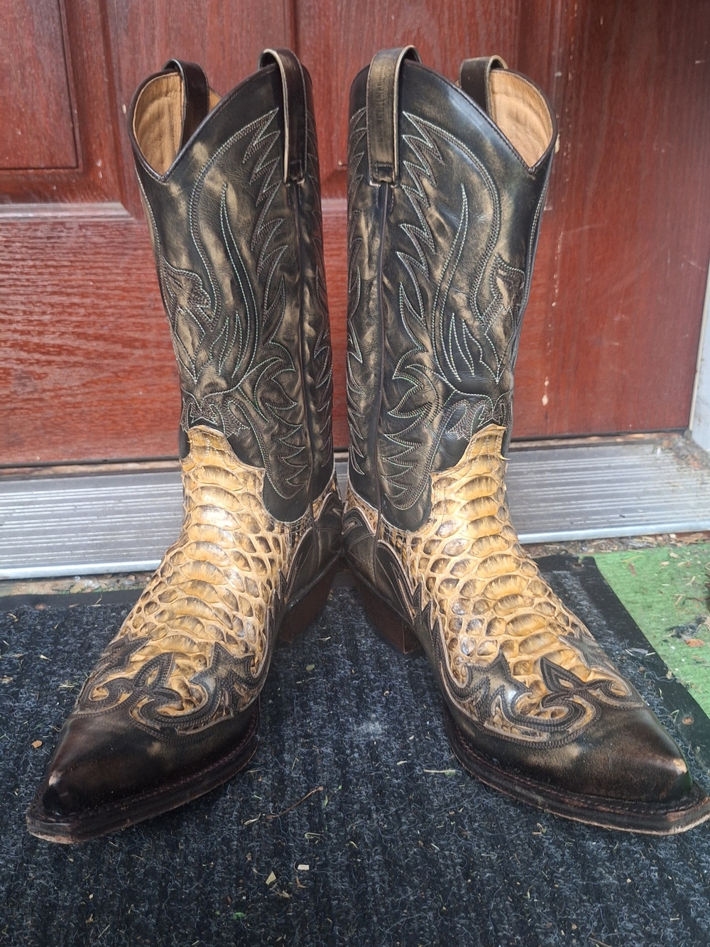Sendra Two-Tone Black and Tan Exotic Python Leather Western Cowboy Boots, 9.5D